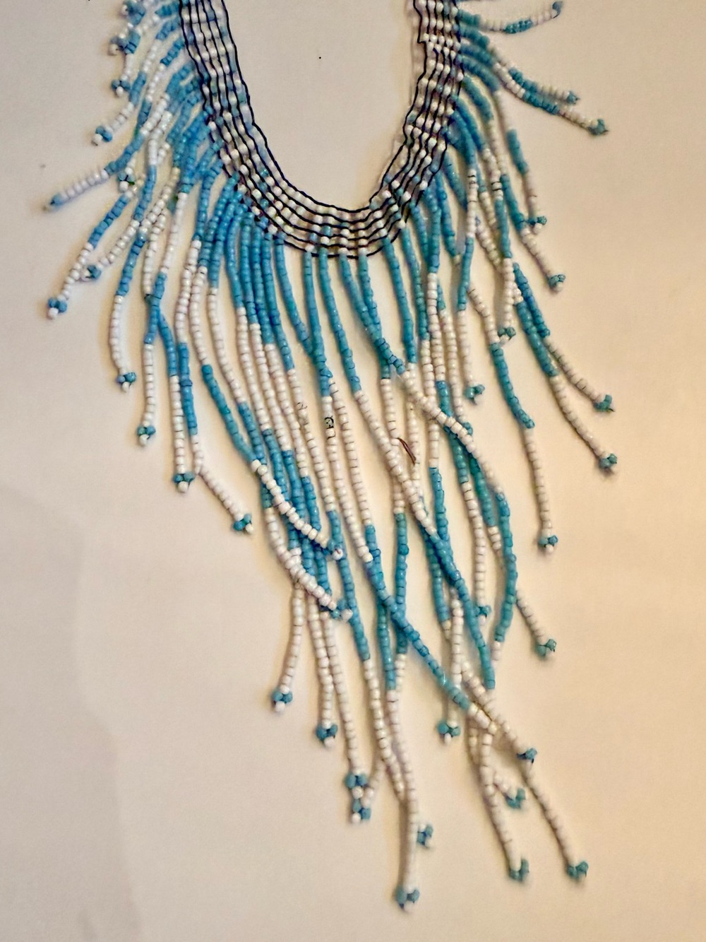 Vintage Blue & White Handmade Beaded Fringe Statement Necklace